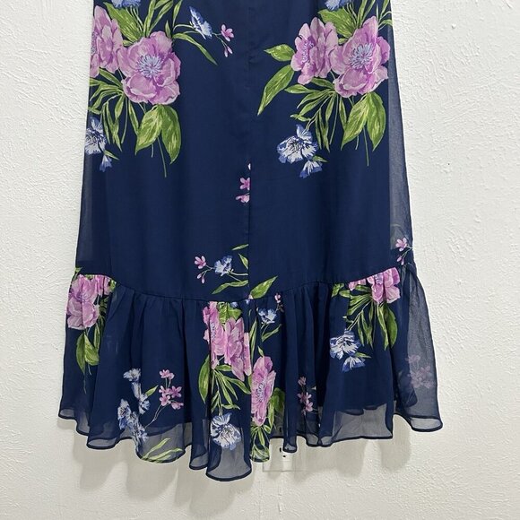 TALBOTS  GEORGETTE PAINTERLY SLEEVELESS NAVY BLUE FLORAL WRAP DRESS RUFFLE 10P - Picture 7 of 12